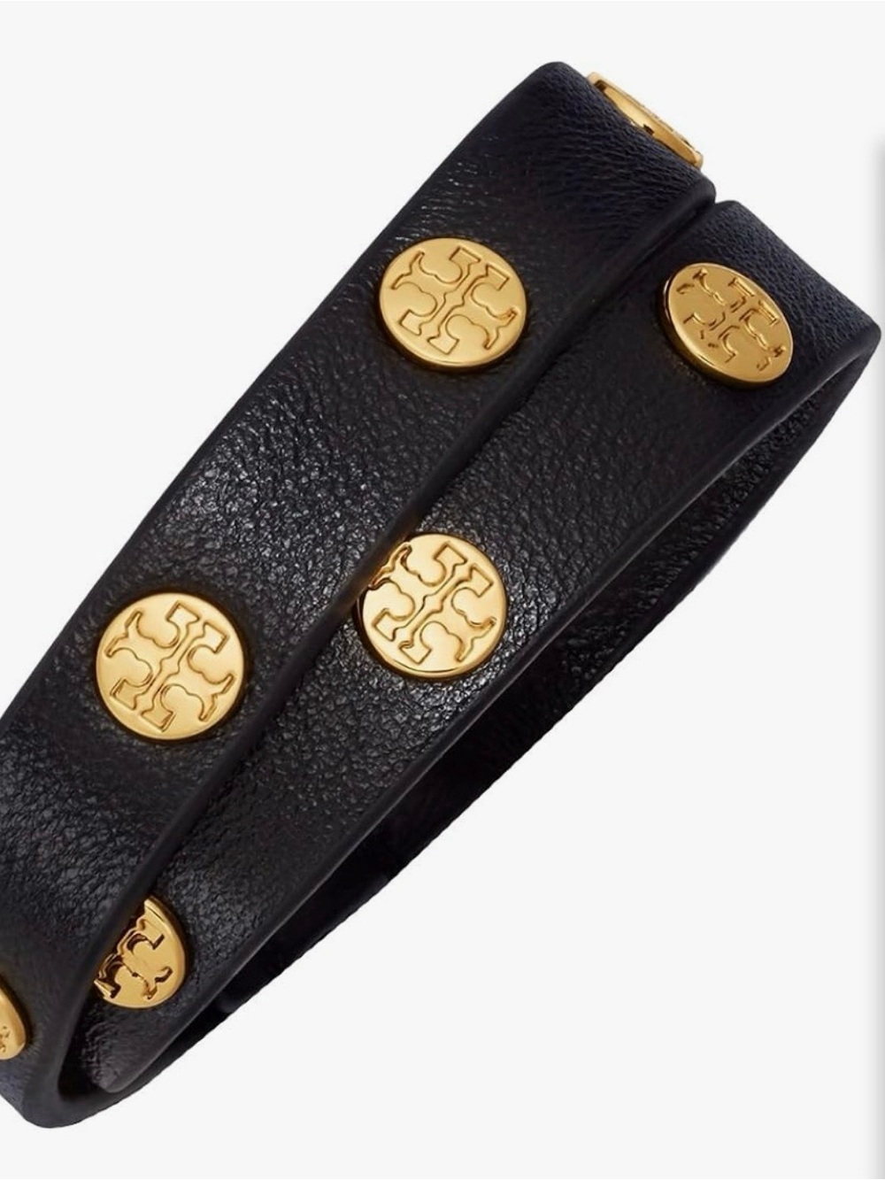 Tory Burch Black Leather Double-Wrap Bracelet with Gold Logo Studs | EUC